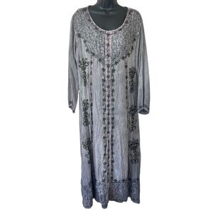 S.R. Fashion Gray Stone Wash Boho Floral Embroidery Button Front Maxi Dress